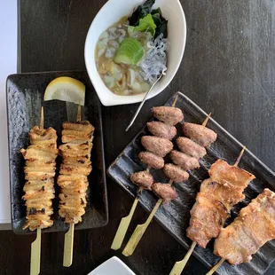 Chicken skin, heart and pork belly garlic (left to right)