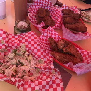 Chicken Tenders Fries Casear Salad fried pickles