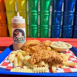 Chicken tenders and fries with Galactic sauce