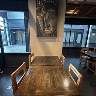 a table and chairs in a restaurant