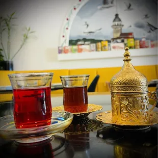 Apple tea, pomegranate tea, and Turkish coffee