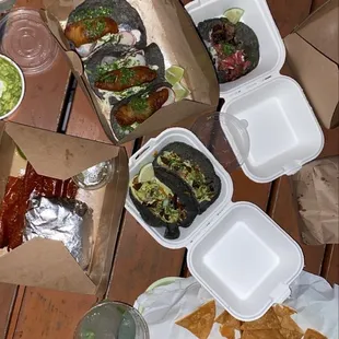 Fried queso , fish tacos , shrimp tacos , guacamole , margarita