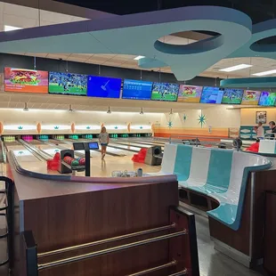 a bowling alley with bowling lanes