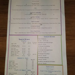 Drinks menu