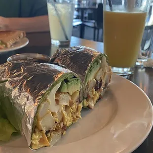 Breakfast Wrap, added avocado, tortilla strips, potatoes and switching from gouda to mozzarella to customized