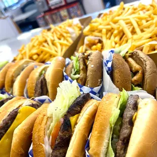 a variety of hamburgers and fries