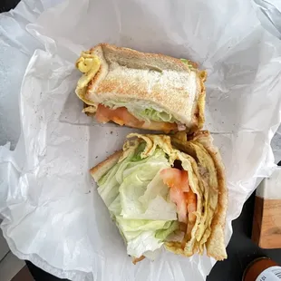 Sausage sandwich, cut horribly. All you have to do is cut it in half, and they still couldn&apos;t do that.