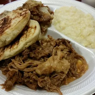 $5.99 meat w/2 vegetables &amp; bread ($7.82 w/drink &amp; tax):  BBQ Boston butt, fried potatoes, corn &amp; fried cornbread (baked also available).