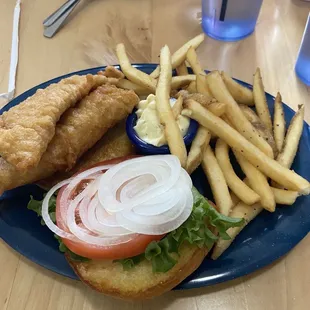 Beer battered fish sandwich with fries