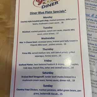 Diner specials menu