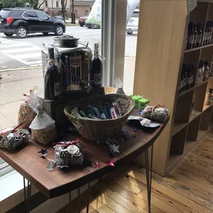 a table with a variety of items on it