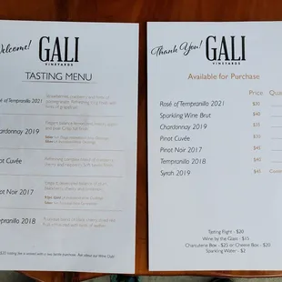 Tasting and bottles menu