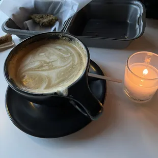 Flat white (sipped) with remnants of oatmeal cookie.