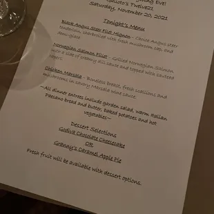 Menu selections for our private event