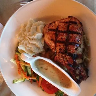 Pork Chop, garlic smashed potatoes, and veggies. Mmmmmm