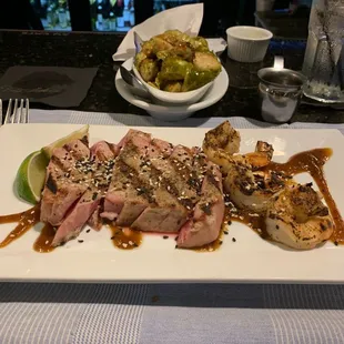 Yellow fin tuna with bacon Brussel sprouts.