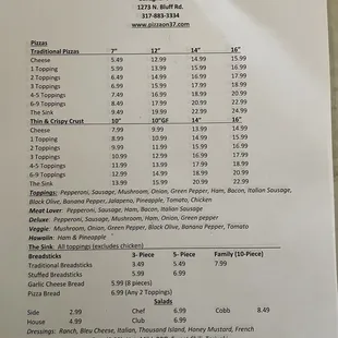 the price list for the restaurant