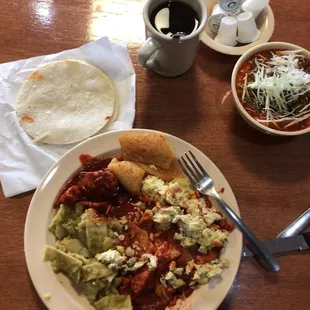 Chilaquiles rojos y verdes (red/green), Carnitas, and Menudo... all of it, amazing!