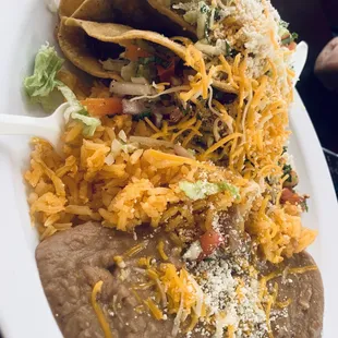 Beef tacos, rice &amp; beans.