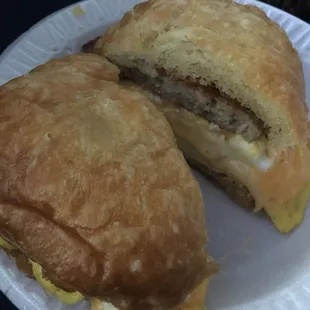 sausage egg and cheese on a croissant