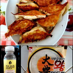 $3.99 Giant Dumpling Skins - Mom&apos;s homemade Pork &amp; Shrimp Pan Fried Potstickers. Drank w/my Suja (Lemon Love flavored) Elite Perk, yum!