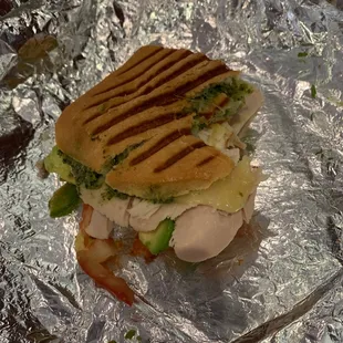 Turkey pesto panini after I squished it and ate half!