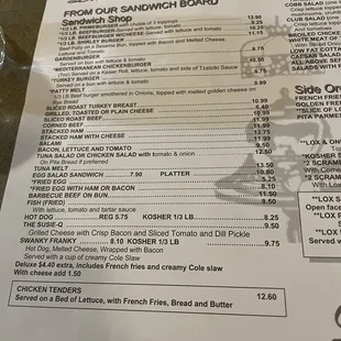 a menu for a sandwich board