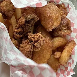 Galley Platter: fried cod, shrimp, oysters, and fries.