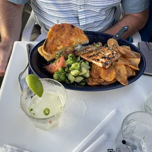 The grilled salmon and chips