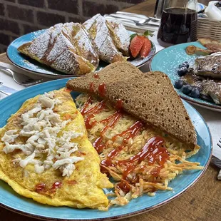 Gallier&apos;s breakfast; Crabmeat Omelet, French Toast &amp; Blueberry Pancakes