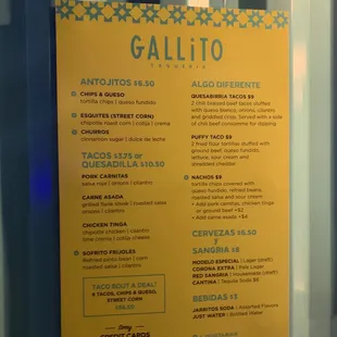 Gallito Taqueria menu and pricing as of 4/15/2022