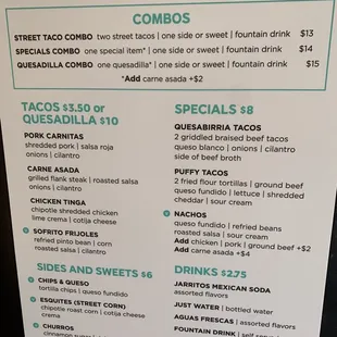 The Gallito Taqueria menu late summer 2021