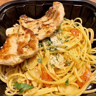 Differently angled: My Garlic &amp; Olive Oil Pasta with side chicken