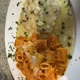 Nice lemony chicken piccata with a great side sauce on rigatoni