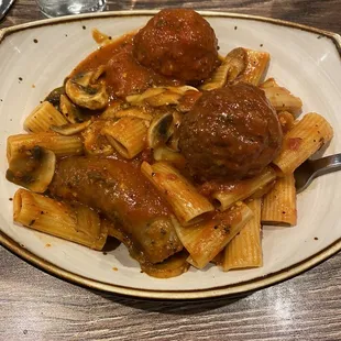 Rigatoni Special with Sausage and Meatballs.