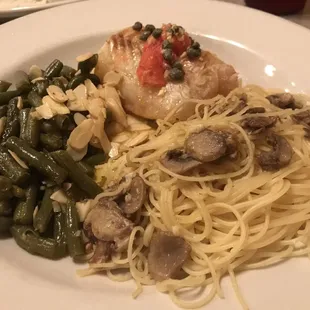 Lemon pepper cod w/green beans almandine and capellini with mushrooms. Got it two weeks ago and today and still great!