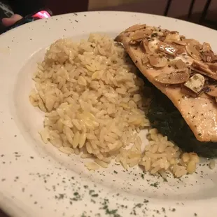 Salmon almandine on a bed of greens with perfectly seasoned rice pilaf. It was great.