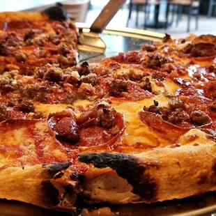 pep, cheese, sausage  &amp; bacon.   ala- 3 little pics pizza