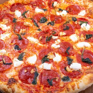 a pepperoni and mozzarella pizza