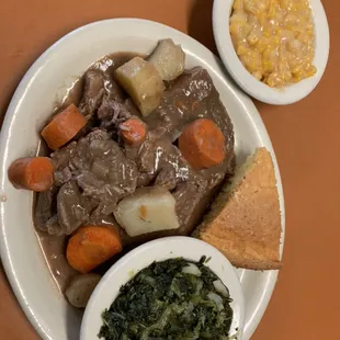 Pot roast with turnup greens cream corn, cornbread