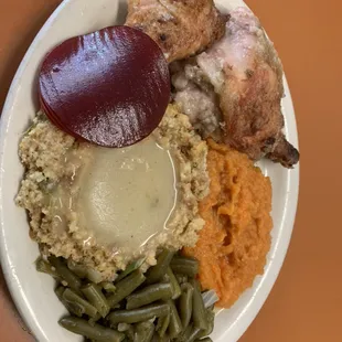 Roast chicken Sweet potatoes Green beans cornbread dressing