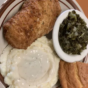 Center cut pork shop mashed potatoes, greens cornbread