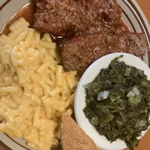 Meatloaf macaroni and cheese turn up greens