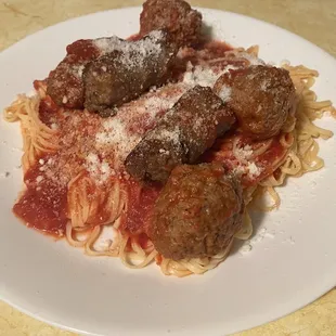 Meatballs, Mild Sausage, Fresh (frozen) pasta, Spaghetti Sauce, Pecorino Romano