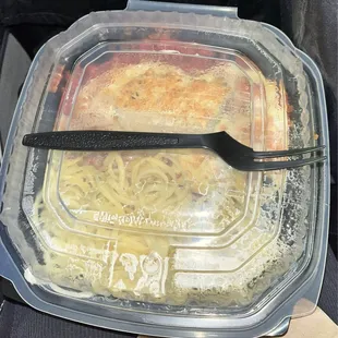 My food from here with the crazy fork I got which was in sealed plastic.  It amused me a bit.