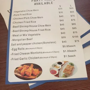 Party tray menu on 08/15/24