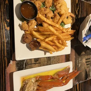 Gator bite platter with a side of snow crab legs.