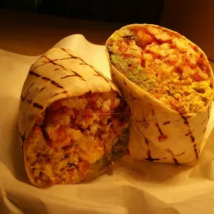 Breakfast Burrito! Eggs, Tator Tots, bacon and I do mine with avocado slice's instead of Pico. It's 2 meals also!