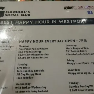 Happy Hour and Specials Menu