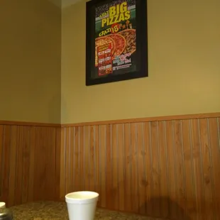 Signs on the walls. That's the water cup on the table